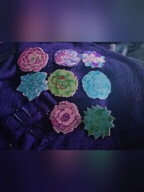 🌸🌷🏵️ New Handmade Bedazzled Flower Coasters Set of 8 with Stand 🌸🌷🏵️
